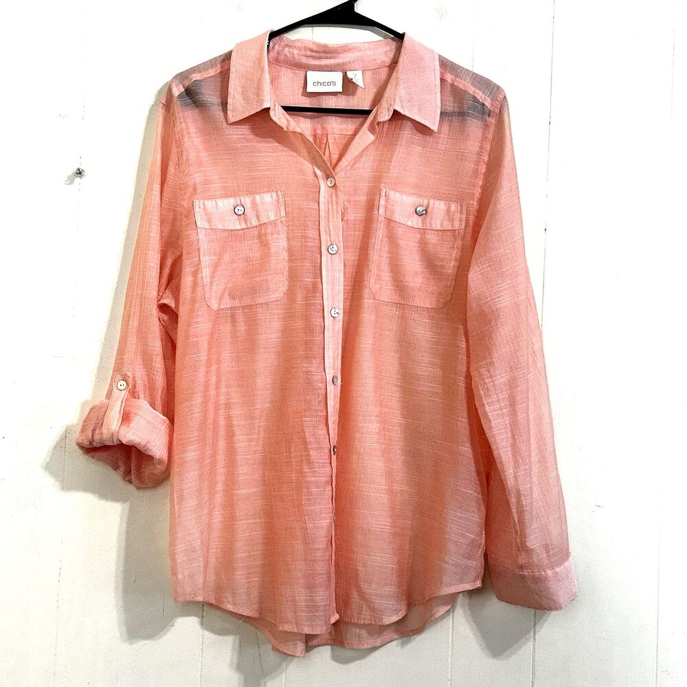 Chico's Women's Button Up Shirt Size L Peach Long Sleeve Rayon Nylon Lightweight